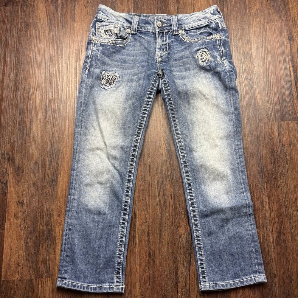 Miss Me Cuffed Capri Jeans Light Wash Embellished Rhinestone Stripes Size 28